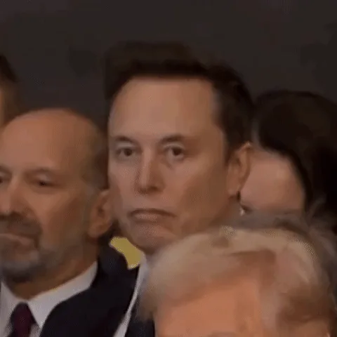 A six-panel grid shows Elon Musk in a crowd, transitioning from a neutral expression to looking upward with a bored or…