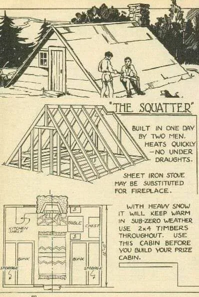 A vintage black-and-white illustrated advertisement for 'The Squatter' cabin, showing a completed cabin with two men…