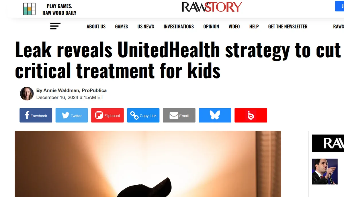A screenshot of a Raw Story news article with the headline 'Leak reveals UnitedHealth strategy to cut critical treatment for…