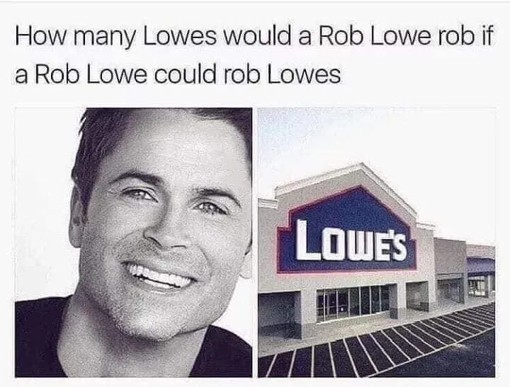 The image is split into two panels: the left shows a black-and-white photo of actor Rob Lowe smiling, and the right shows an…