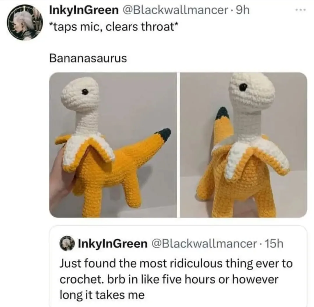 A crocheted dinosaur toy with a yellow body and white banana peel-like skin around its neck and tail, shown from two angles…
