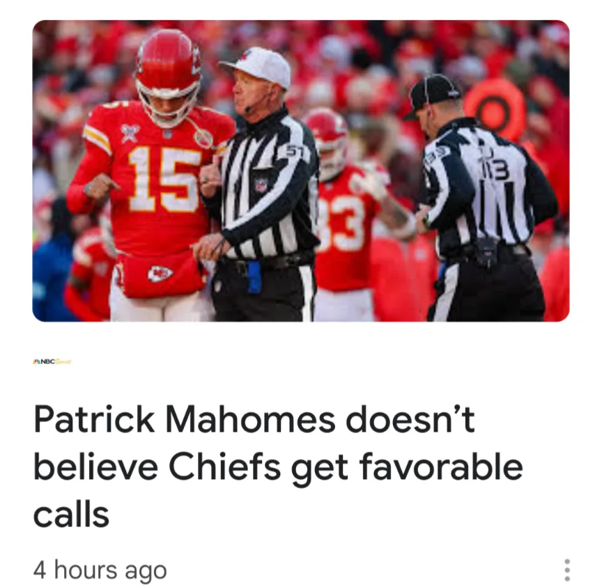 A photo shows Patrick Mahomes, wearing a red Chiefs jersey with number 15, standing next to two NFL referees during a game…