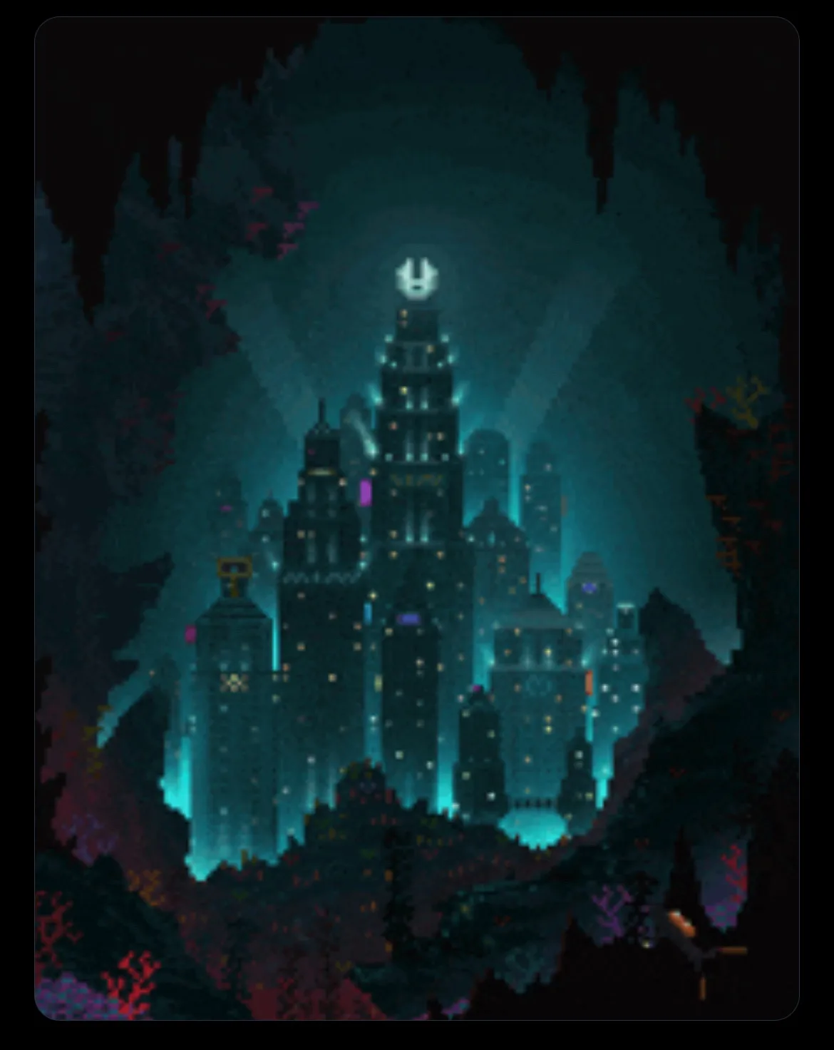 A pixel-art image depicts a glowing, teal-colored city nestled within a dark, forested canyon at night. The skyline features…