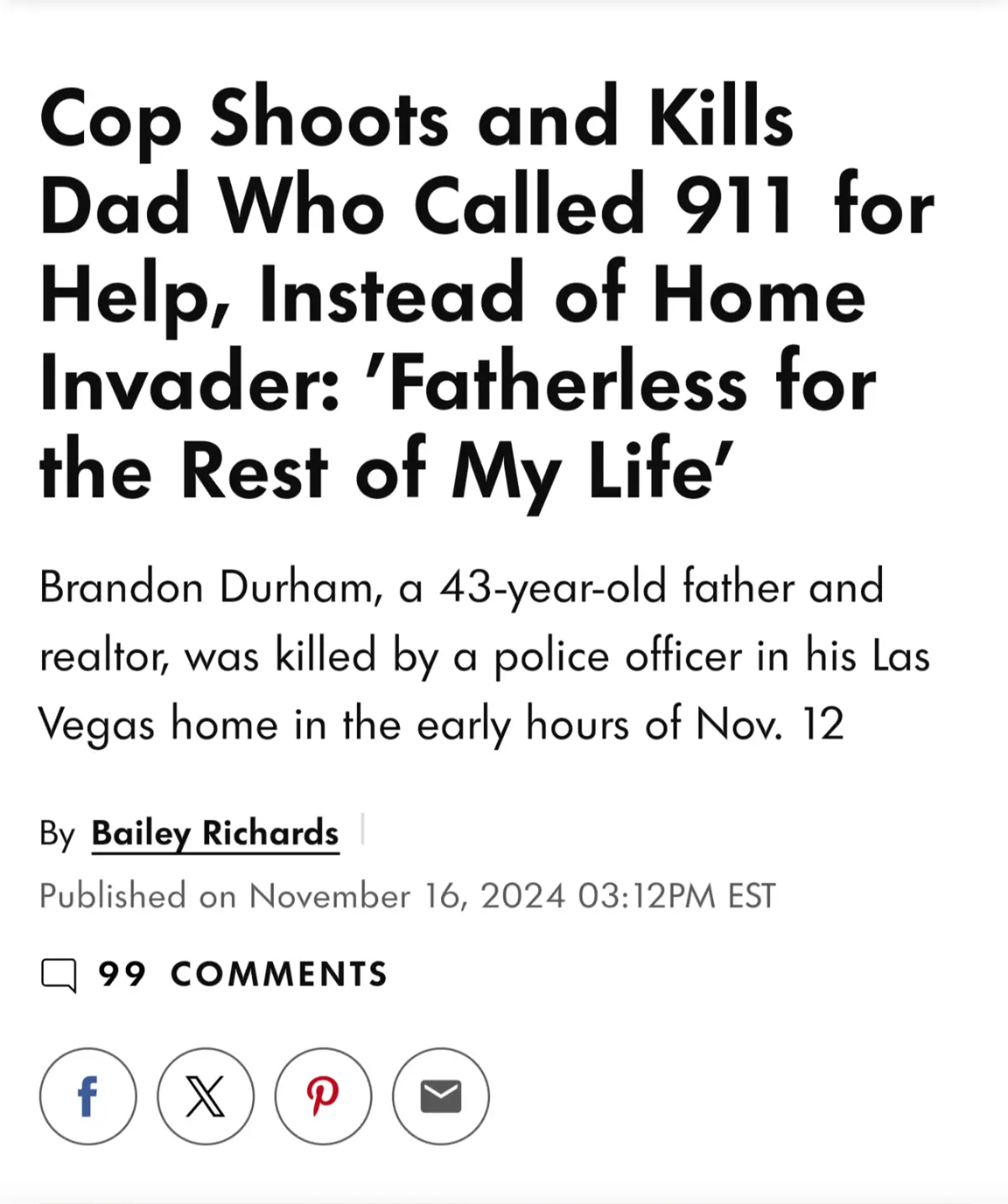 A screenshot of a news article headline stating 'Cop Shoots and Kills Dad Who Called 911 for Help, Instead of Home Invader…