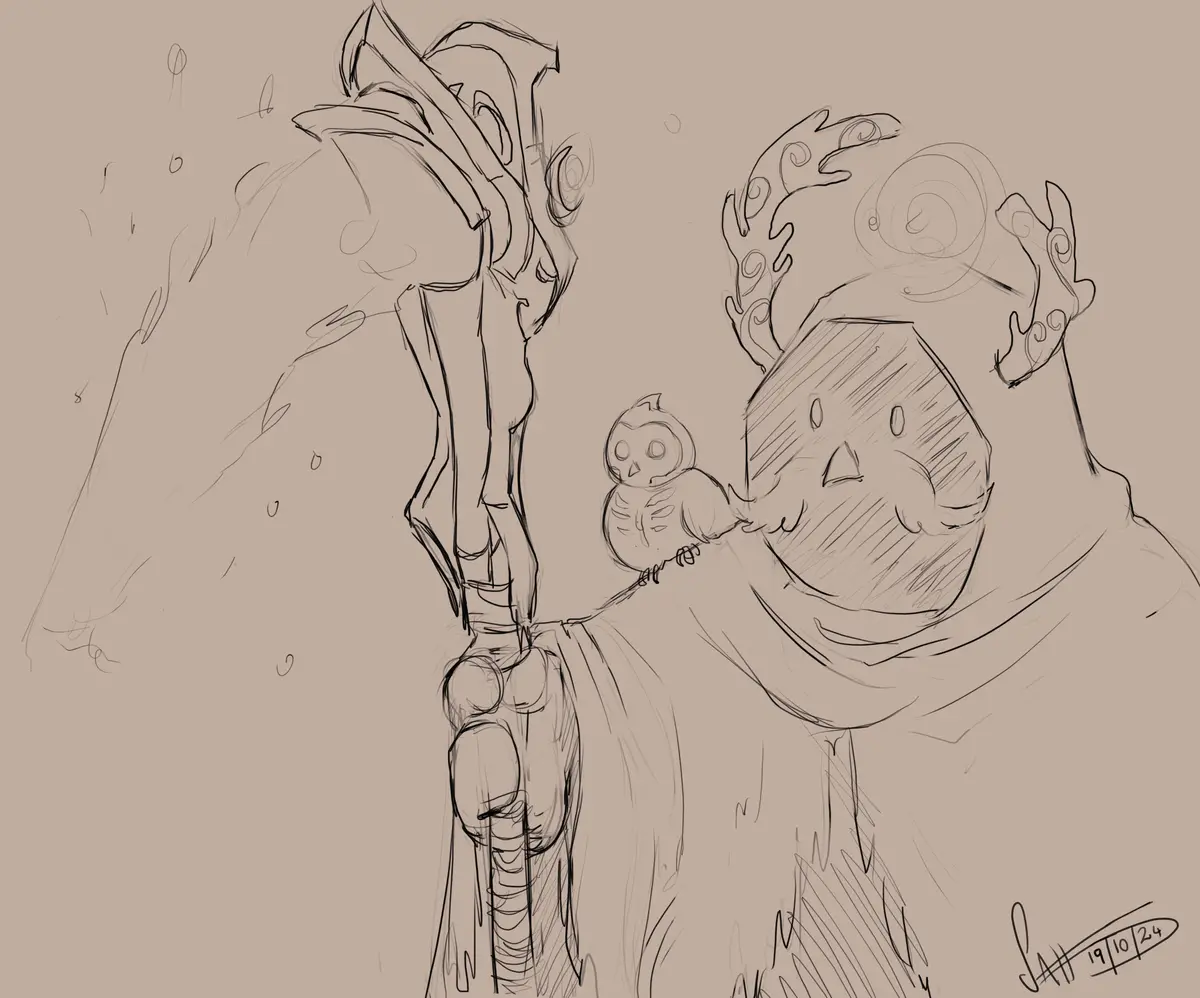 A sepia-toned sketch shows a large, smiling, hooded figure with clawed hands raised, holding a small owl perched on their…