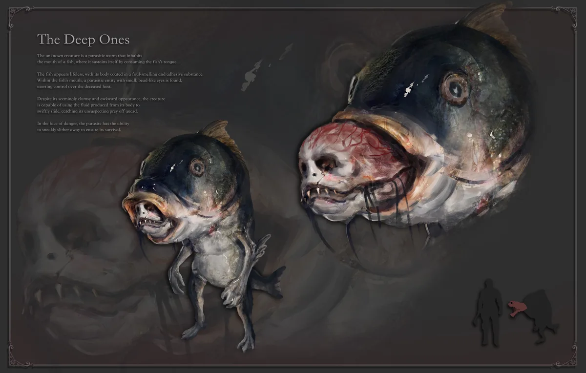 The image displays a dark, artistic concept art of a parasitic creature called 'The Deep Ones,' shown as a grotesque…