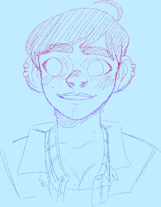 A sketch-style drawing of a person with large eyes, a small smile, and a single curl on top of their head, wearing a…