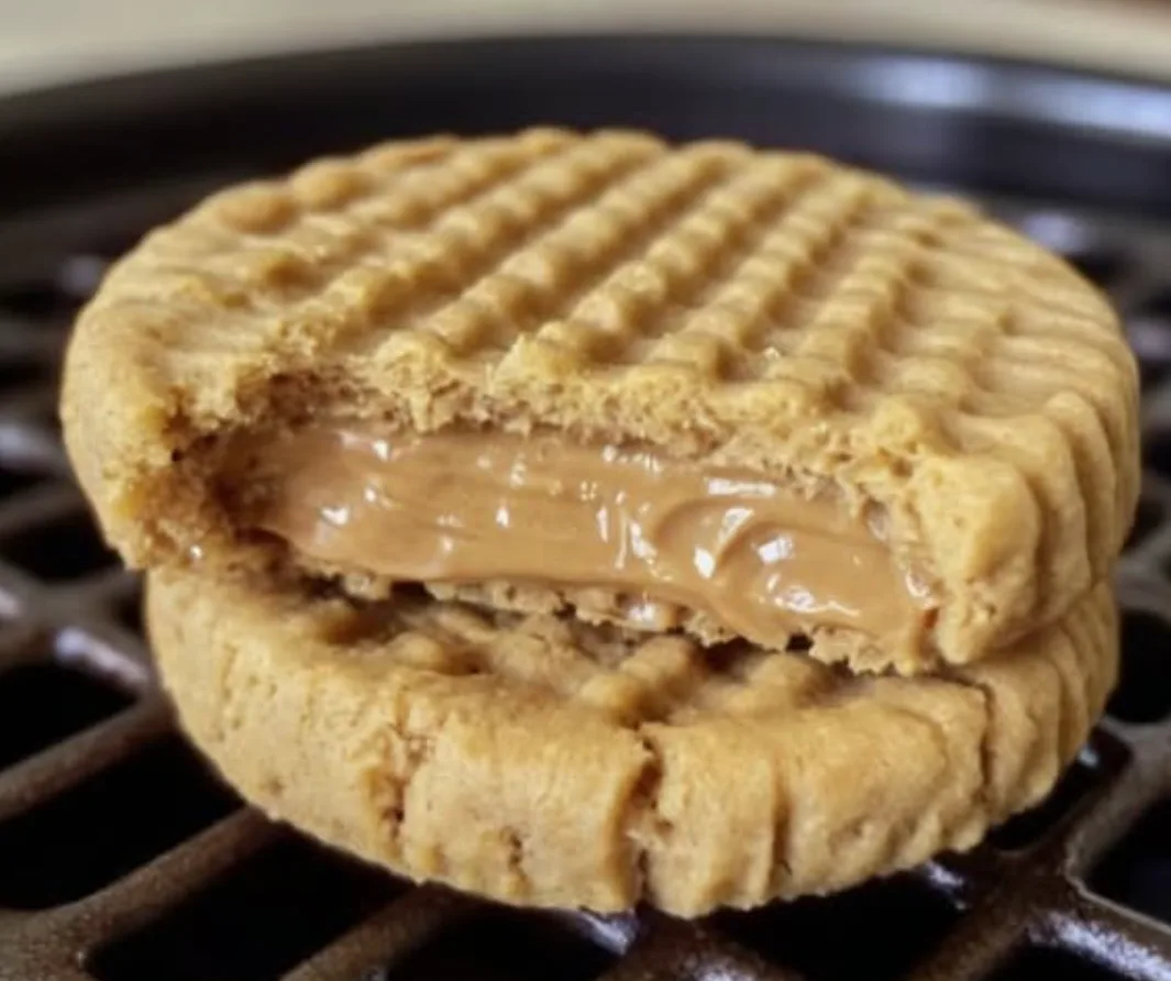 A close-up photo shows a peanut butter cookie sandwich, split open to reveal a thick, glossy peanut butter filling between…