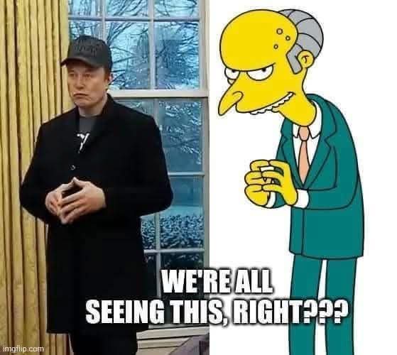The image is split: on the left, Elon Musk in a black coat and cap stands with a pensive expression in front of a window…