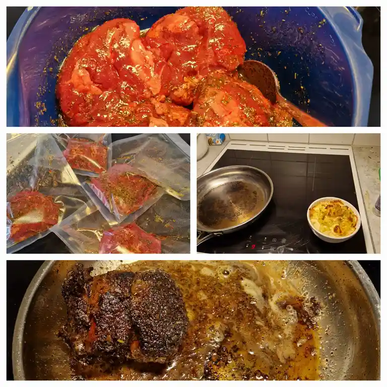 A four-panel collage shows a cooking process gone wrong: raw meat marinated in a blue bowl, vacuum-sealed in bags, a small…