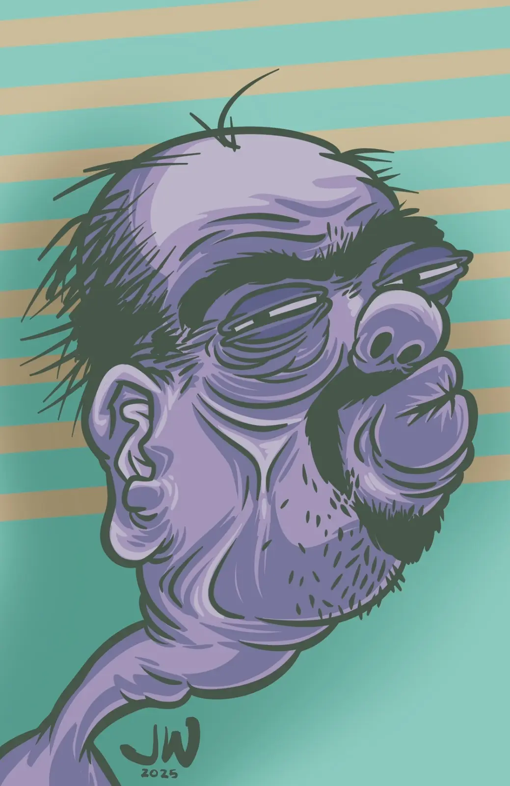 A stylized cartoon portrait of a man with a purple skin tone, sparse dark hair, and a mustache, set against a background of…