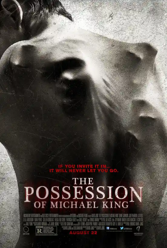 A black-and-white movie poster for 'The Possession of Michael King' shows a close-up of a man's face, partially obscured by…