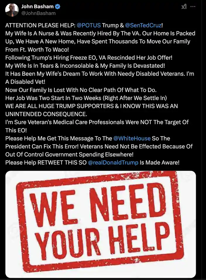 A screenshot of a Twitter post by John Basham, who claims his wife, a nurse hired by the VA, lost her job due to Trump's…