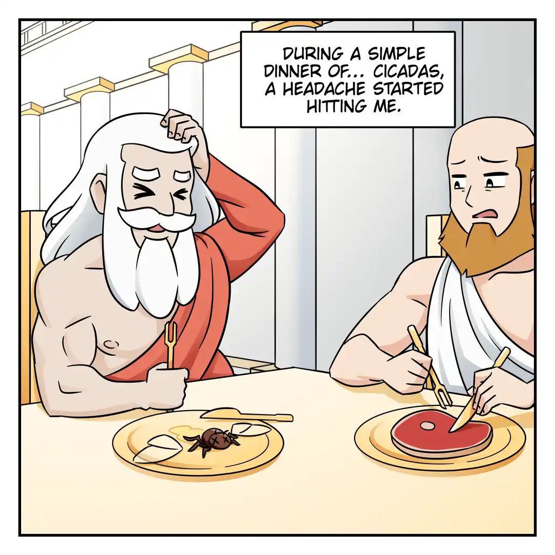Two men in ancient Greek-style clothing sit at a dining table. The man on the left, with white hair and beard, holds his…