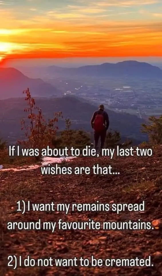 A person in a red backpack stands on a mountain ridge overlooking a valley at sunset, with text overlaid that reads: 'If I…