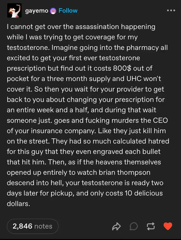 A screenshot of a social media post by 'gayemo' with white text on a dark background. The text describes a frustrating…