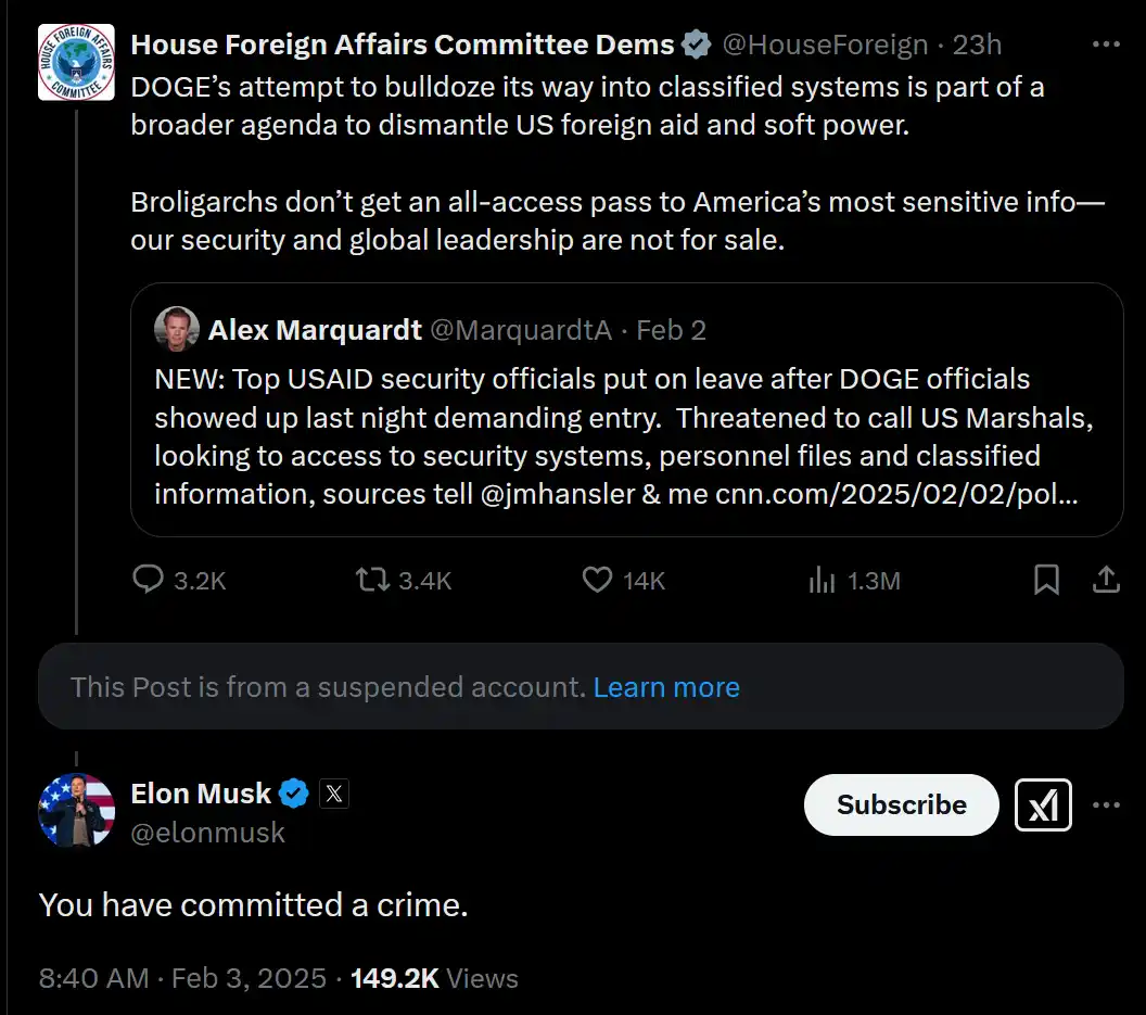 A screenshot of a Twitter thread shows a tweet from the House Foreign Affairs Committee Dems accusing DOGE of attempting to…
