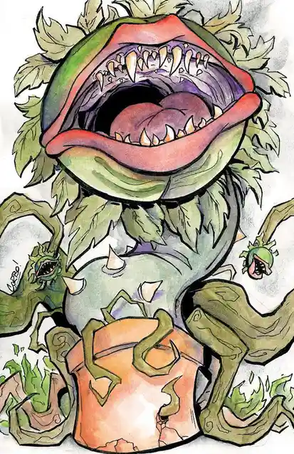 A watercolor illustration of a monstrous Venus flytrap plant with a wide-open mouth full of sharp teeth, green leaves, and…