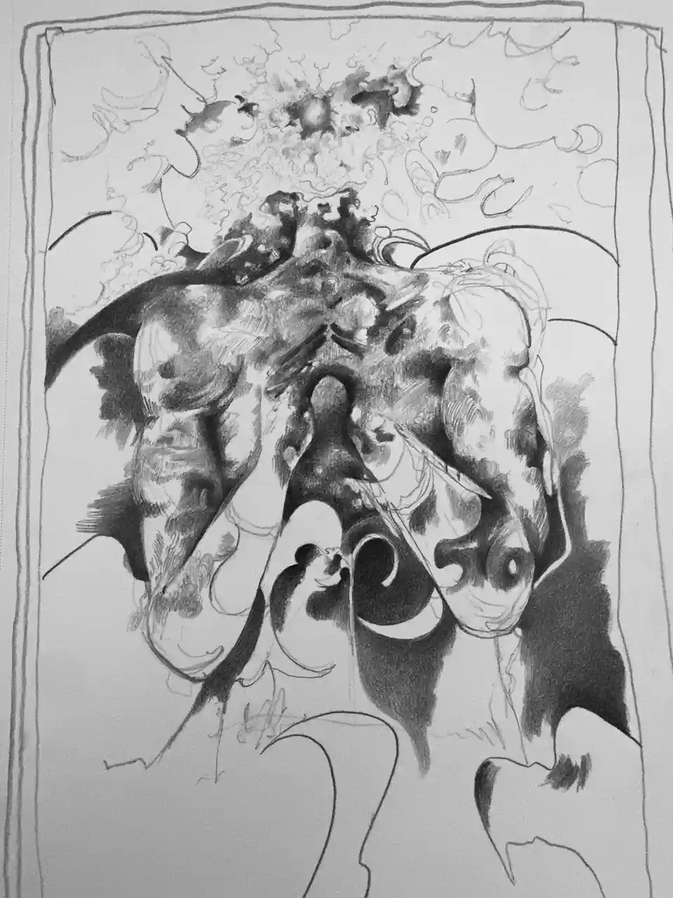 A black-and-white pencil sketch depicts a grotesque, melting, and distorted humanoid figure with exaggerated, contorted…