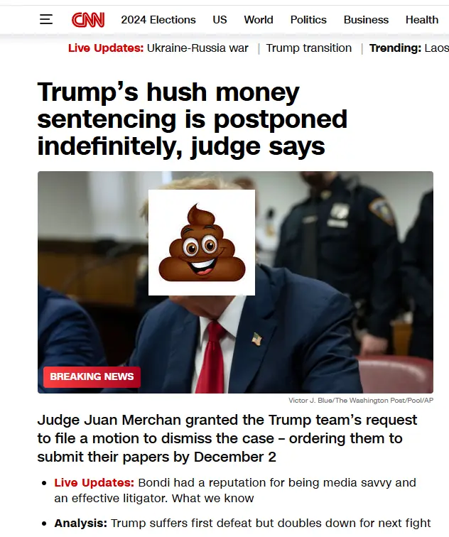 A screenshot of a CNN news article about Trump's hush money sentencing being postponed, featuring a photo of Donald Trump…
