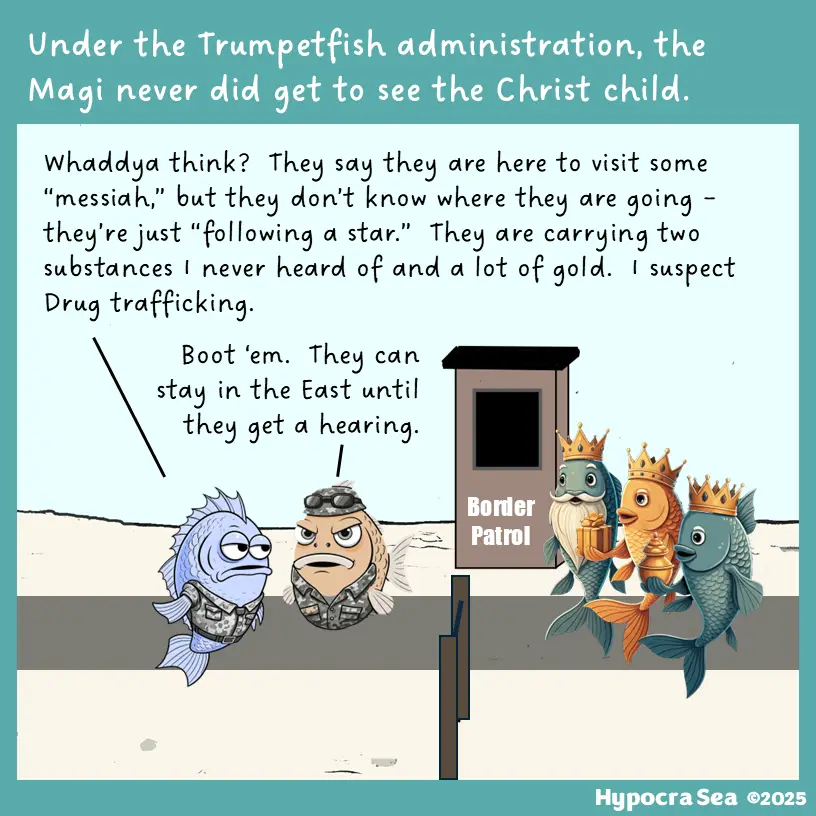 An illustrated meme depicts three fish wearing crowns and carrying gifts approaching a border checkpoint labeled 'Border…