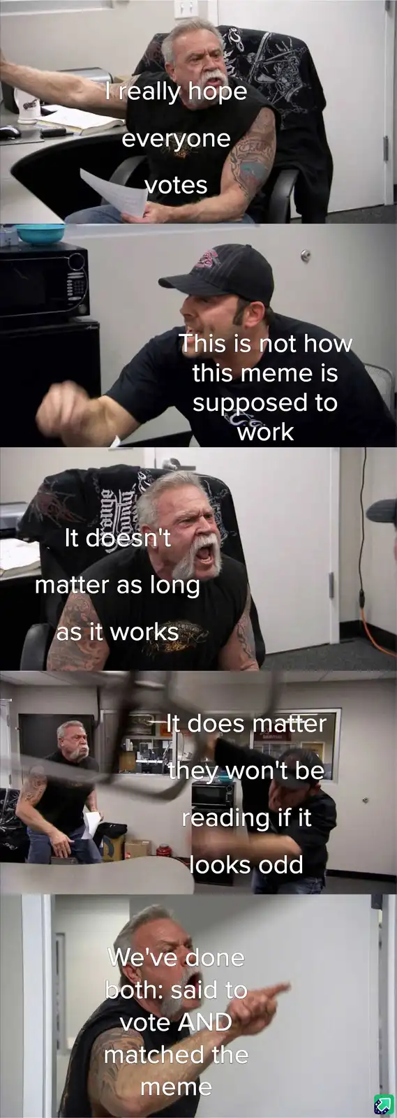 A five-panel meme featuring a man with a white beard and tattoos in an office setting. He starts by saying 'I really hope…