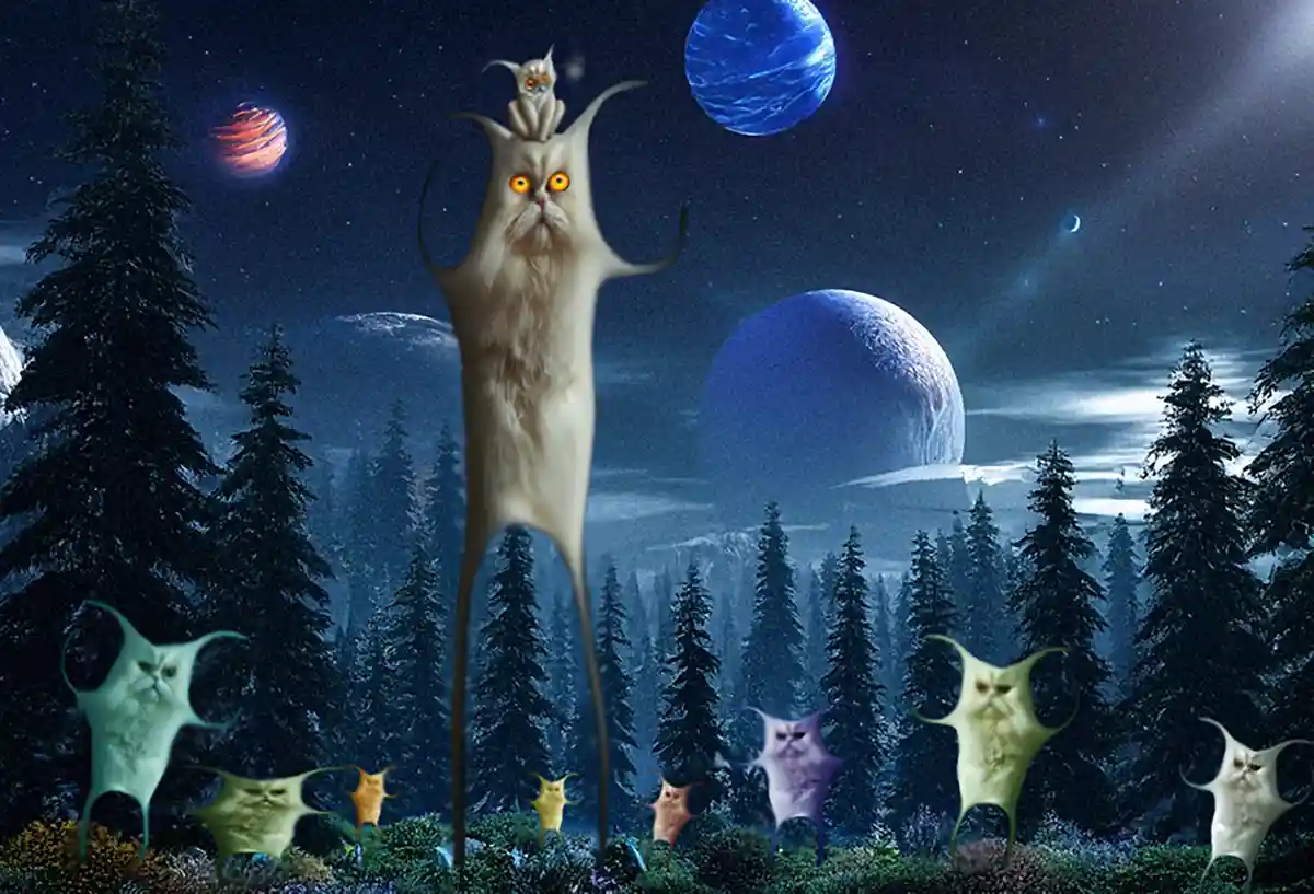 A surreal fantasy image depicts a towering, pale, cat-like creature with glowing orange eyes and long limbs standing in a…