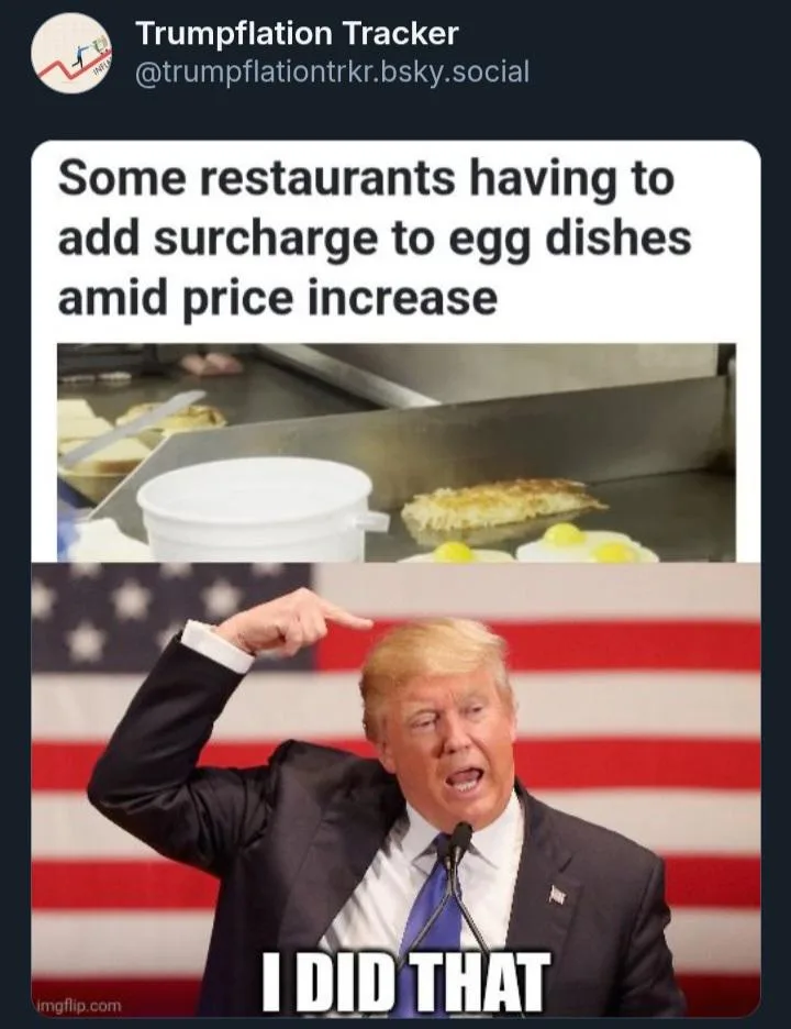 The image shows a split-screen meme. The top half displays a photo of eggs being cooked on a griddle in a restaurant…