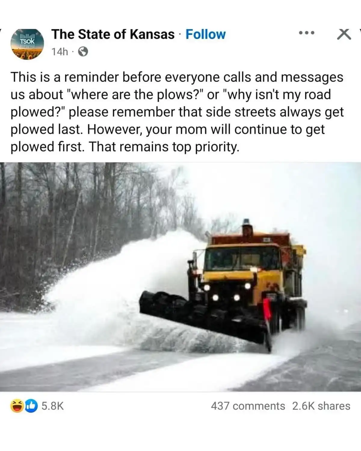 A screenshot of a social media post from 'The State of Kansas' featuring a photo of a yellow snowplow pushing snow on a…