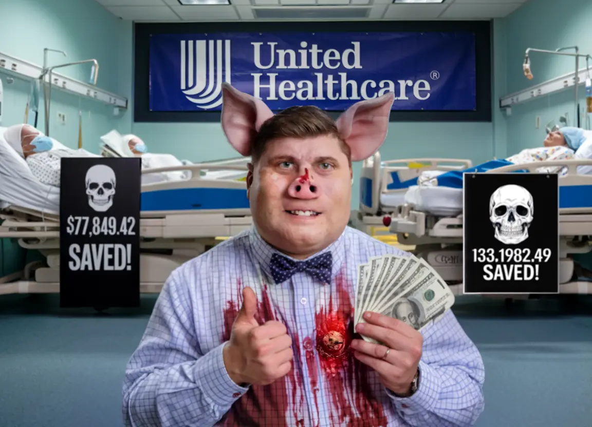 A man with pig ears and a pig nose, wearing a blood-stained shirt and holding cash, gives a thumbs-up in a hospital room…