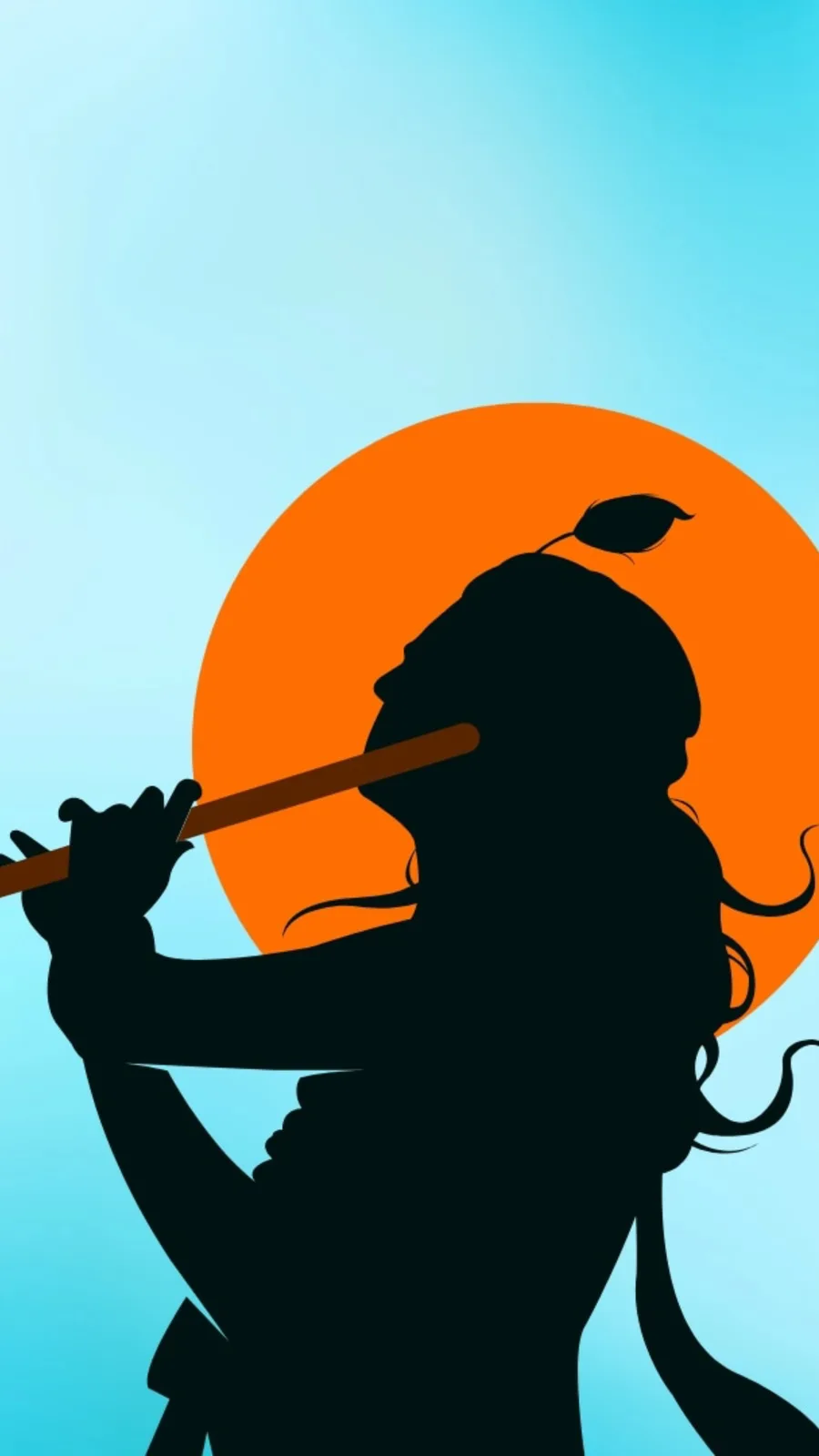 A silhouette of a person with long hair and a leaf on their head, playing a flute against a gradient blue background with a…