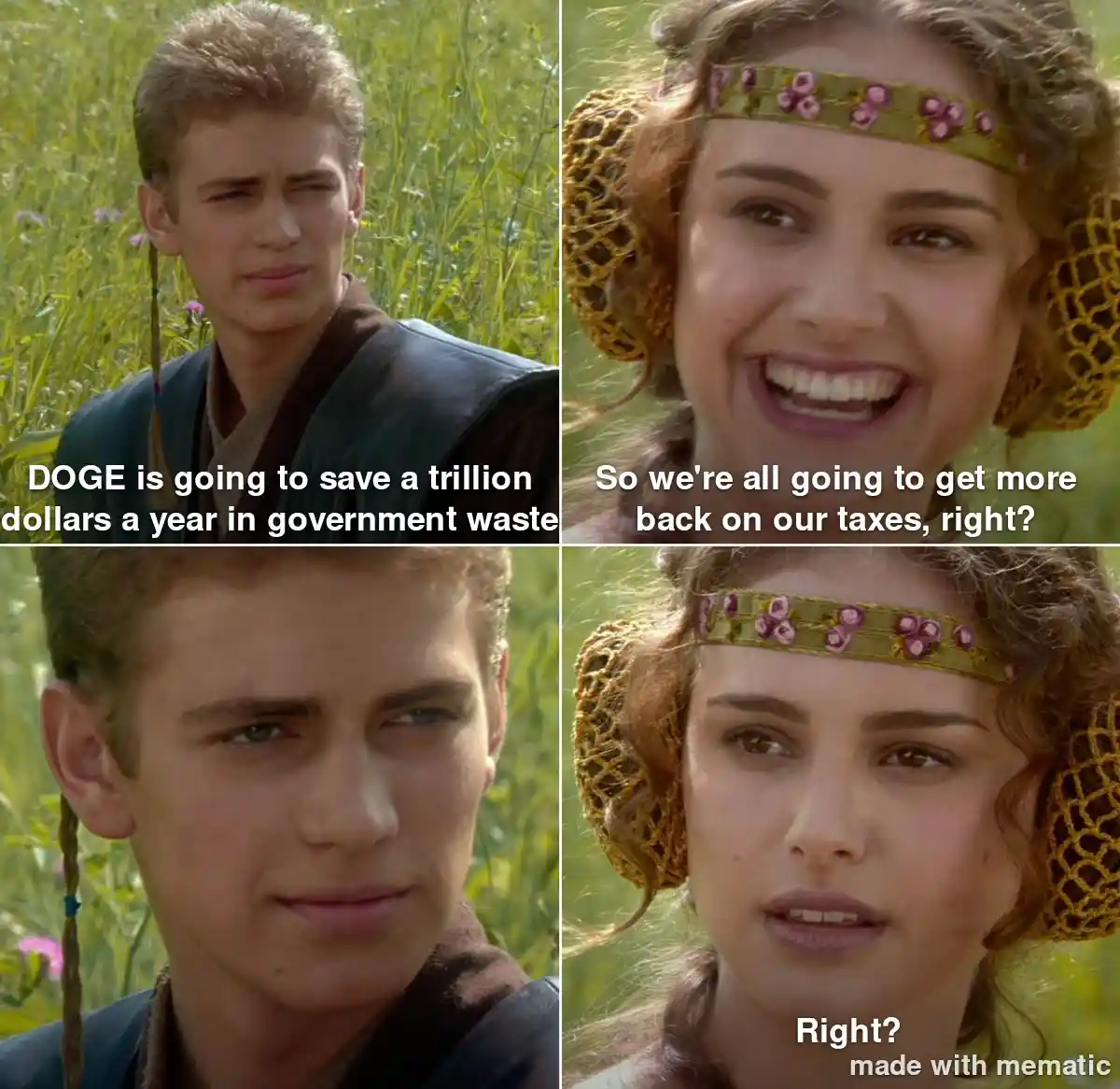 A four-panel meme using scenes from Star Wars: Episode I – The Phantom Menace. The top-left panel shows Anakin Skywalker…