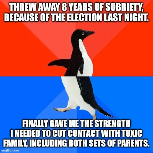 A penguin stands against a red and blue background, with text overlaid in two sections. The top text reads 'THREW AWAY 8…