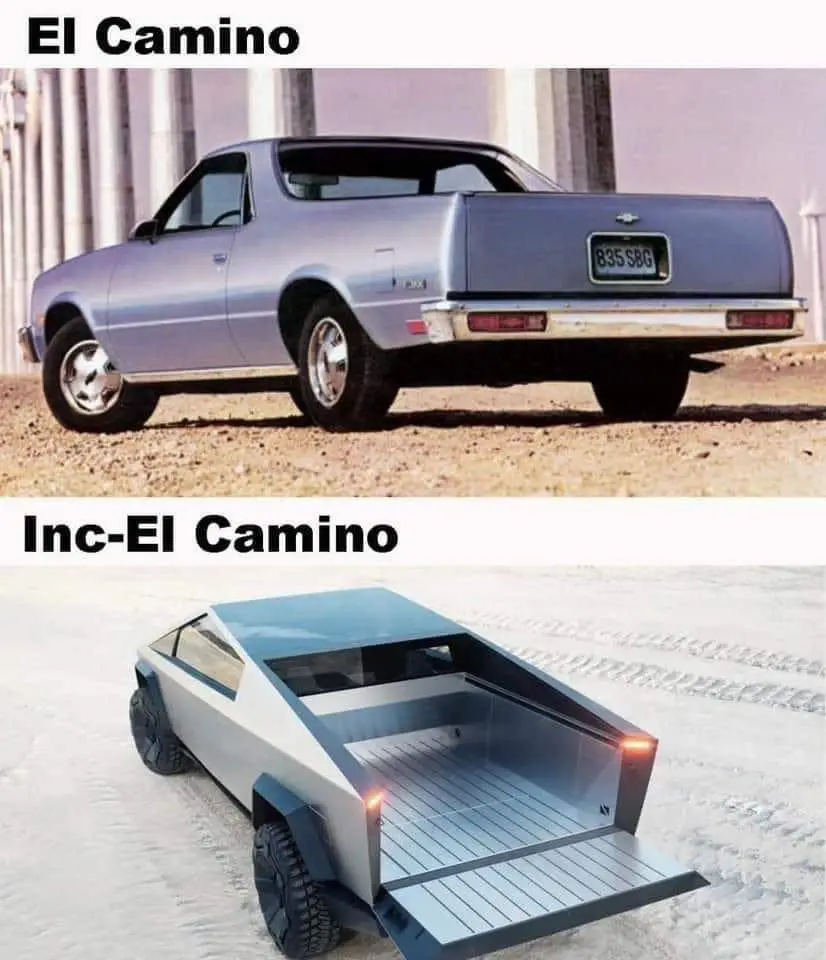 The image displays two vehicles: the top panel shows a silver 1980s Chevrolet El Camino, a two-door pickup truck, parked on…