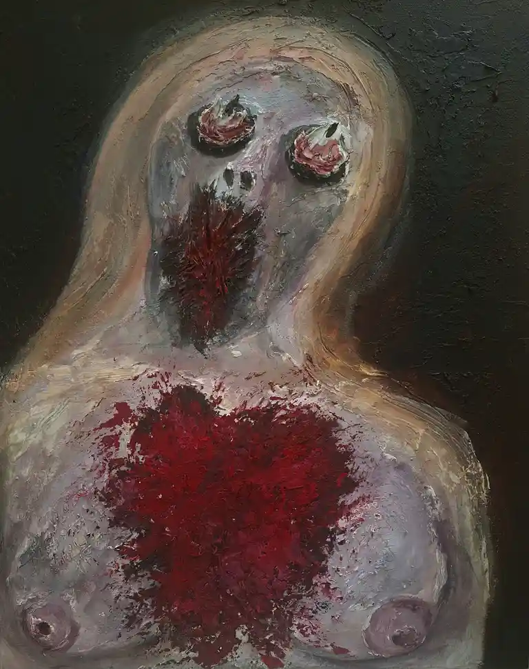 A textured, dark-toned painting depicts a distorted, ghostly figure with hollow, blood-stained eyes and a gaping mouth, its…