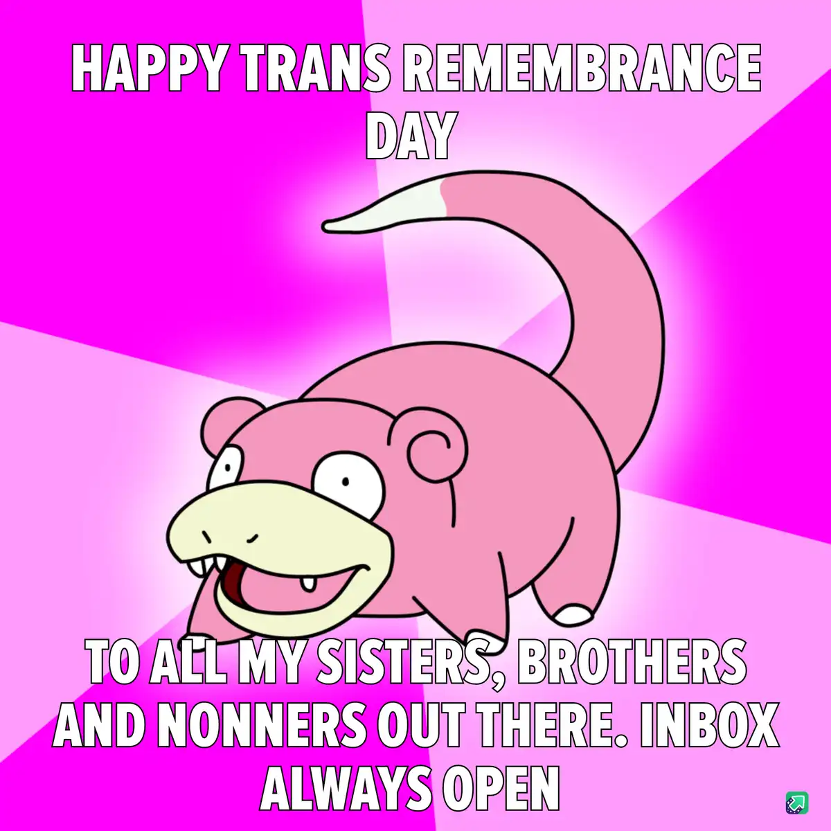 A pink cartoon Pokémon, Slowpoke, is shown against a bright pink and magenta background with radiating lines. The text at…