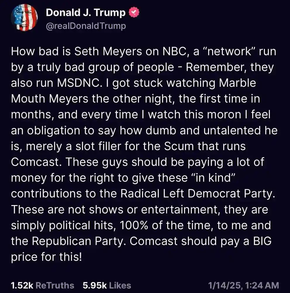 A screenshot of a tweet from Donald J. Trump's verified Twitter account (@realDonaldTrump) displaying a long, ranting text…