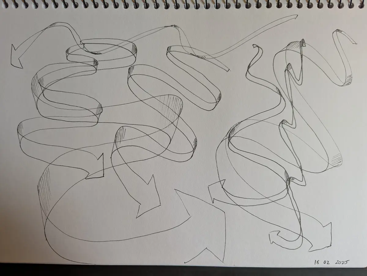 A hand-drawn sketch on white paper in a spiral-bound notebook shows a chaotic tangle of arrows and ribbon-like lines, all…