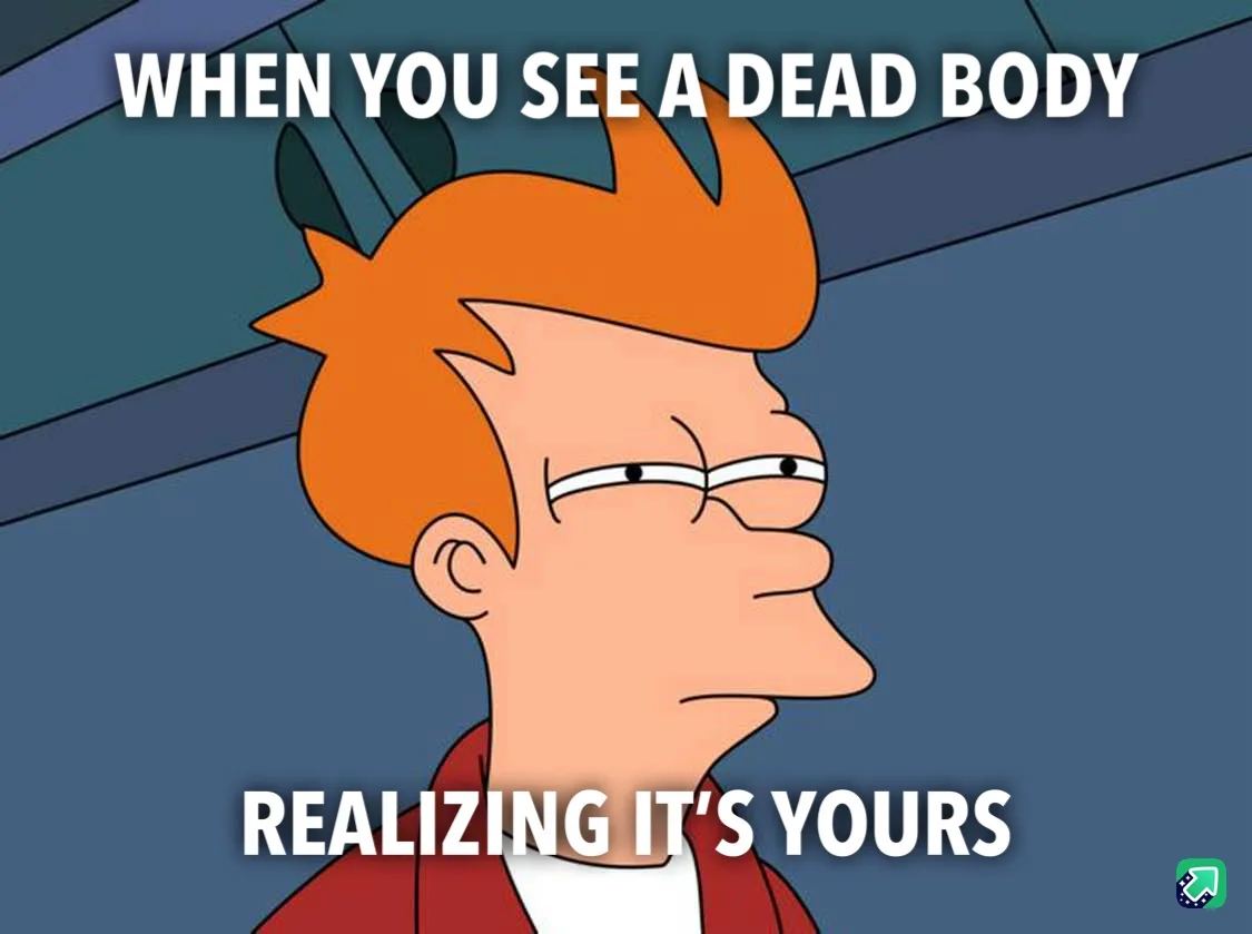 The image shows the animated character Fry from Futurama, depicted in profile with a deadpan, slightly confused expression…