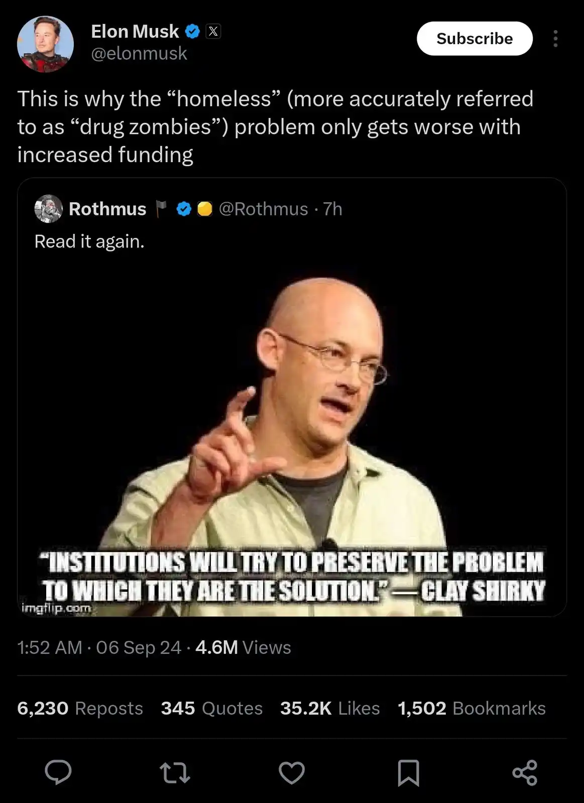 A screenshot of a Twitter thread shows Elon Musk's tweet claiming increased funding makes homelessness worse, referring to…