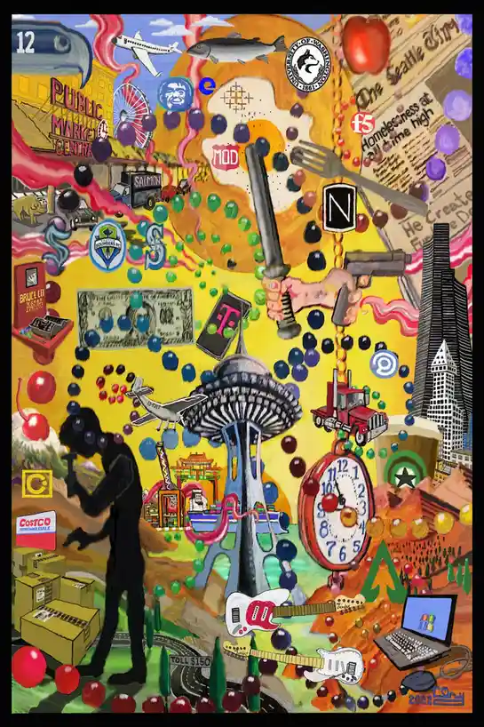 A vibrant, chaotic collage artwork depicting Seattle's culture and landmarks, including the Space Needle, Public Market…
