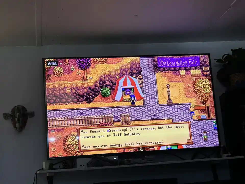A screenshot of the video game Stardew Valley shows a player character at the Stardew Valley Fair, where a dialogue box…