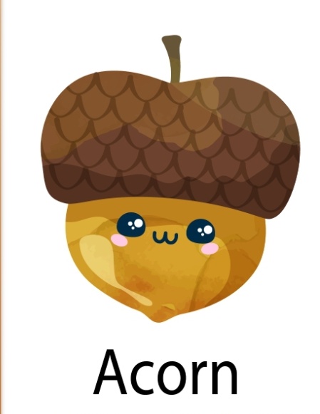 A cartoon illustration of a cute, smiling acorn with large blue eyes, pink cheeks, and a brown cap, labeled 'Acorn' in bold…