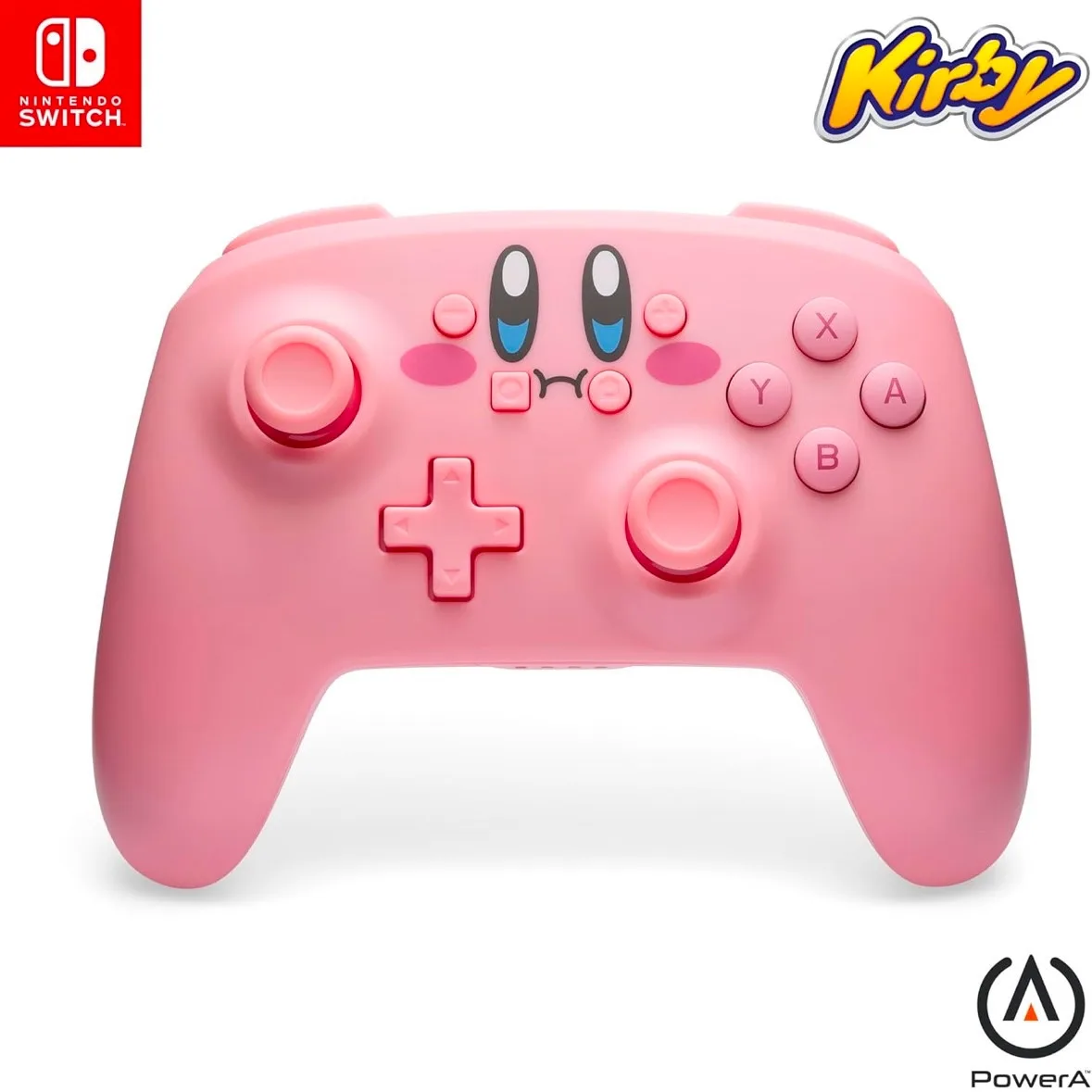 A pink Nintendo Switch controller designed to look like the character Kirby, featuring his face with large blue eyes, rosy…