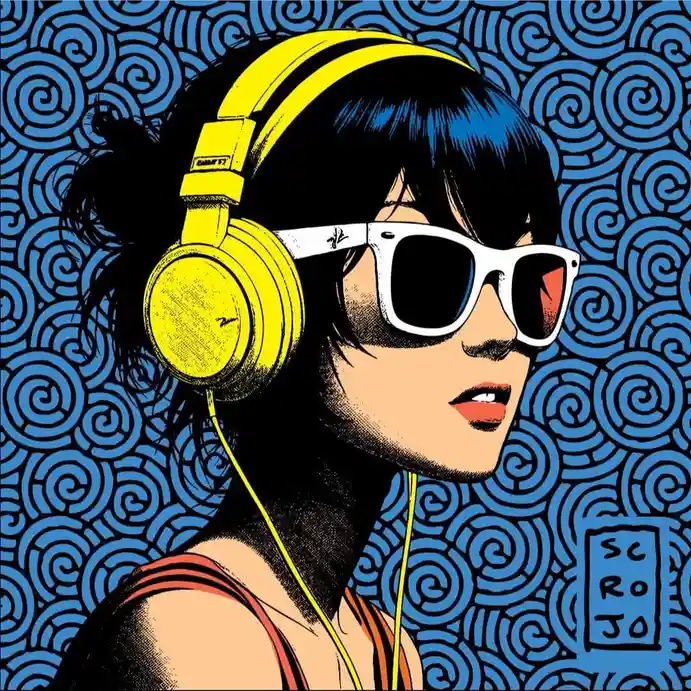 A stylized illustration of a person with dark hair, wearing large yellow headphones and white sunglasses, set against a blue…