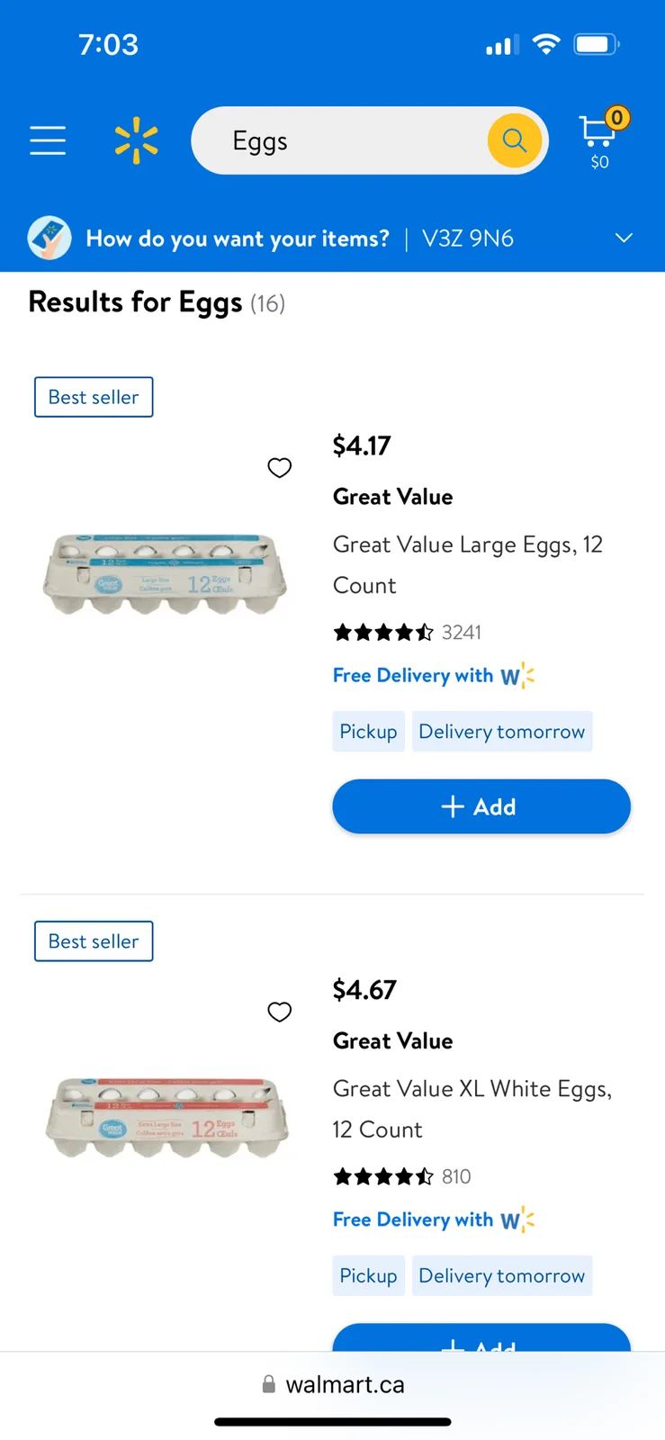 A screenshot of the Walmart Canada mobile app showing search results for 'Eggs', displaying two 'Great Value' egg products…