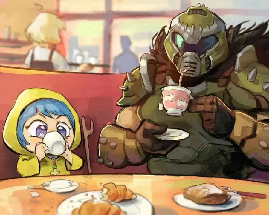 A small, blue-haired anime girl in a yellow hooded outfit sips from a white teacup while sitting at a cafe table with a…