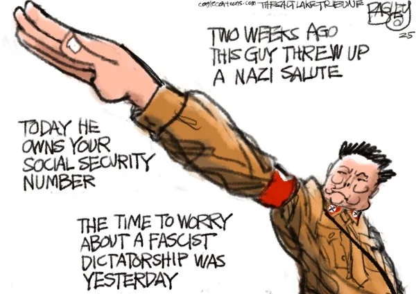 A cartoon depicts a man in a brown jacket and red armband raising his right arm in a Nazi salute. Text overlays state: 'TWO…
