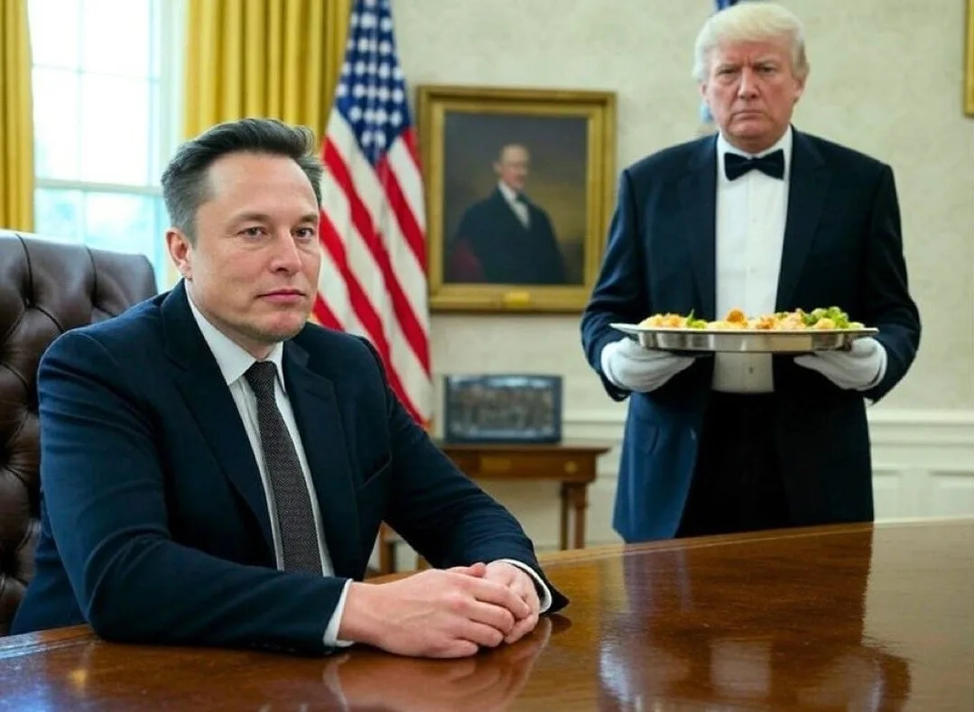 elon musk está sentado en una oficina formal, posiblemente la oficina oval, con una bandera estadounidense y un retrato en…