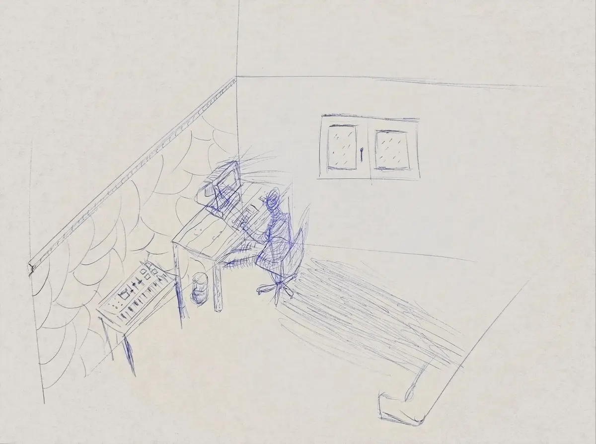 A blue pencil sketch shows a person sitting at a desk in a room, intensely focused on a computer, with motion lines…